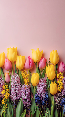 JPG 식물 편집이미지 꽃 화초 분홍색 꽃다발 백그라운드 자연 노란색 보라색 봄 튤립 일렬 꽃프레임 뷰티풀 생동감 편집실사 AI포토 AI콘텐츠 계절 컬러 프레임 CG 생태계 파일형식