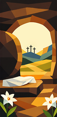 JPG 기독교 종교 상징 십자가 일러스트 자연 풍경 초원 야외 햇빛 문 새벽 돌_바위 무덤 예수 언덕 부활 상징물 경관 국내일러스트 AI일러스트 AI콘텐츠 자연요소 태양 신_종교 생태계 파일형식