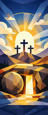JPG 기독교 종교 예술 십자가 일러스트 자연 부활절 기념 빛 태양 일출 축제 성경 희망 예수 묘사 언덕 그림 경관 국내일러스트 AI일러스트 AI콘텐츠 자연요소 기념일 감정 종교용품 풍경 노을 신_종교 생태계 파일형식
