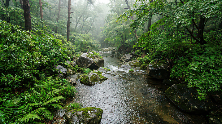 JPG 나무 식물 편집이미지 잎 자연 산 풍경 초록색 물 흐름 돌_바위 비 개울 숲 연무 편집실사 AI포토 AI콘텐츠 자연요소 컬러 컨셉 날씨 강 CG 생태계 파일형식