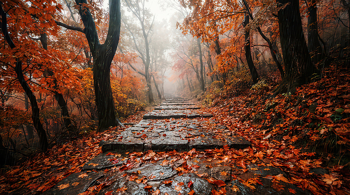 JPG 나무 편집이미지 길 잎 자연 풍경 빨간색 노란색 산책 안개 비 숲 땅 돌길 편집실사 AI포토 AI콘텐츠 자연요소 식물 컬러 날씨 휴식 CG 생태계 파일형식