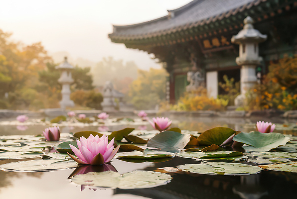JPG 나무 편집이미지 전통 꽃 자연 아침 풍경 건물 물 관광지 고요 연못 사찰 수면 연습 조경 편집실사 AI포토 AI콘텐츠 주간 자연요소 식물 건축물 여행 종교건축 CG 생태계 파일형식