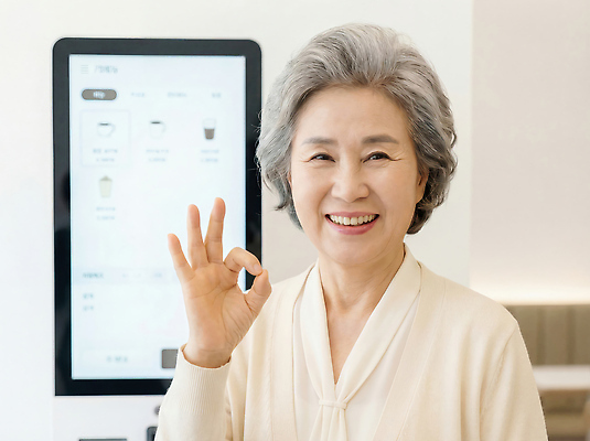 JPG 편집이미지 노년 할머니 커피 음료 손가락 엄마 미소 일상 실버라이프 머리카락 기계 카페 OK 계산대 사인 키오스크 의료성형뷰티 편집실사 AI인물포토 AI콘텐츠 라이프스타일 손 여자 가족 표정 손짓 성인 라이프 머리 상점 CG 파일형식 AI포토