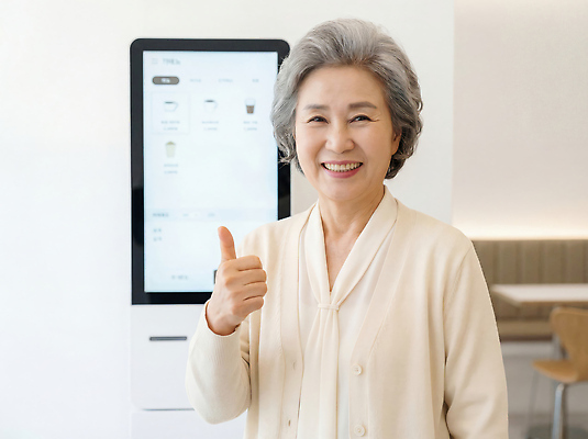 라이프스타일 여자 노년 음료 컨셉 손가락 표정 사람 상점 CG 파일형식 AI포토 키오스크 카페 미소 엄지손가락 사용자 주문 기술 서비스 연령 편리함 디지털 스크린 커피 편집이미지 편집실사 JPG 의료성형뷰티 할머니 실버라이프 AI콘텐츠 AI인물포토