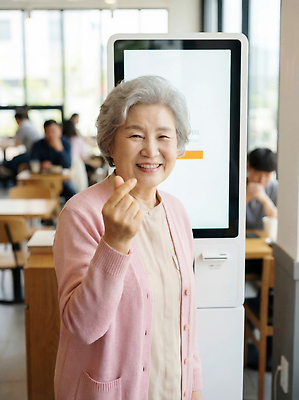 JPG 편집이미지 할머니 커피 음식 손가락 대화 웃음 실버라이프 디지털 기계 카페 하트 고객 서비스 주문 소통 키오스크 의료성형뷰티 편집실사 AI인물포토 AI콘텐츠 모양 라이프스타일 손 여자 노년 음료 컨셉 표정 말하기 상점 CG 파일형식 AI포토