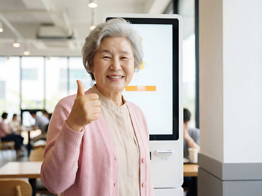 JPG 편집이미지 노년 할머니 음식 손가락 커뮤니케이션 기술 표정 밝음 실버라이프 식당 엄지손가락 고객 서비스 방문 주문 키오스크 의료성형뷰티 편집실사 AI인물포토 AI콘텐츠 라이프스타일 손 여자 성인 상점 CG 파일형식 AI포토