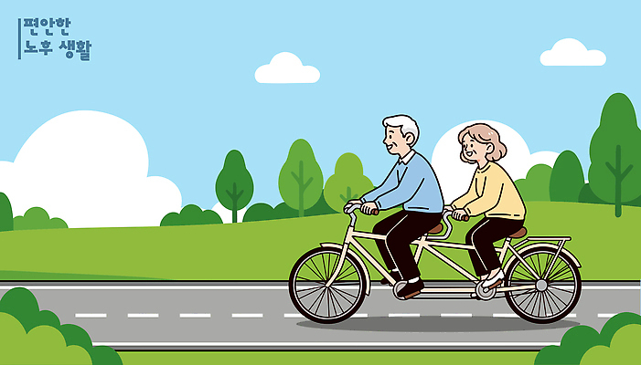 나무 커플 공원 길 일러스트 모션 자연 건강 취미 야외 생활 실버라이프 노후 자전거 노부부 산책 즐거움 세대 동반자 국내일러스트 AI파일 식물 라이프스타일 부부 공공시설 감정 관계 휴식 바이크 생태계 파일형식 벡터