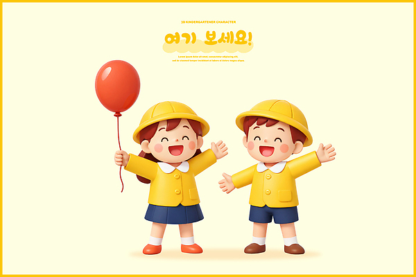 PSD 편집이미지 캐릭터 어린이 컬러 백그라운드 함께함 3D캐릭터 표정 웃음 노란색 유치원 유치원생 아기 즐거움 장면 우비 풍선 편집3D 옷 교육 감정 컨셉 사람 3D 파일형식