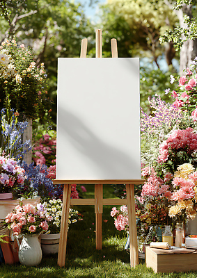 JPG 나무 식물 편집이미지 디자인 꽃 화초 예술 컬러 꽃다발 자연 풍경 햇빛 정원 봄 이젤 그림 캔버스 화판 창작 목업 편집실사 AI컴퓨터그래픽 AI콘텐츠 계절 태양 미술도구 CG 생태계 파일형식