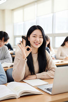 JPG 편집이미지 학생 여학생 대학생 의자 교실 버튼 수업 웃음 손짓 책 친구 학습 공책 공간 대학교 개강 개학 참여 의료성형뷰티 편집실사 AI인물포토 AI콘텐츠 여자 교육 가구 학교 관계 모션 문구용품 표정 CG 파일형식 AI포토