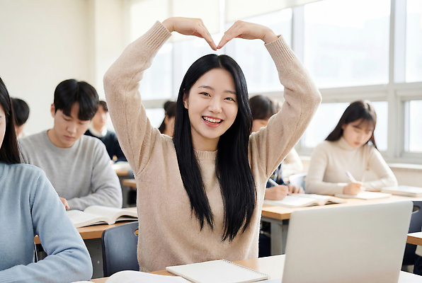 JPG 편집이미지 학생 여자 남자 대학생 교실 모션 수업 미소 웃음 친구 학습 공책 하트 책상 대학교 소통 개강 개학 의료성형뷰티 편집실사 AI인물포토 AI콘텐츠 모양 교육 가구 컨셉 학교 관계 문구용품 표정 사람 CG 파일형식 AI포토