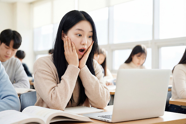 JPG 편집이미지 학생 교육 대학생 교실 수업 표정 친구 학습 컴퓨터 스크린 놀람 시간 집중 대학교 개강 개학 의료성형뷰티 편집실사 AI인물포토 AI콘텐츠 감정 컨셉 학교 관계 전자제품 CG 파일형식 AI포토