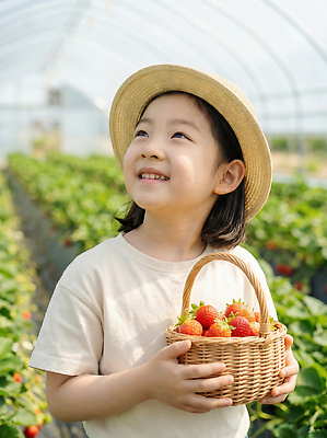 JPG 편집이미지 어린이 가족 모션 자연 딸기 웃음 여름 햇빛 농장 바구니 농사 수확 체험 천막 비닐하우스 온실 의료성형뷰티 딸기농장 편집실사 AI인물포토 AI콘텐츠 계절 컨셉 농업 과일 관계 표정 사람 태양 CG 생태계 파일형식 AI포토