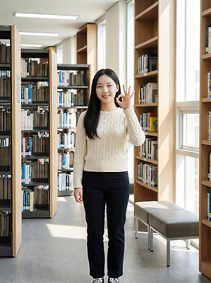 JPG 편집이미지 학생 여자 교육 손가락 실내 미소 책 학습 독서 숫자 공간 도서관 의료성형뷰티 편집실사 AI인물포토 AI콘텐츠 문자 손 표정 사람 내부 CG 파일형식 AI포토