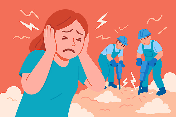 여자 남자 건축 감정 일러스트 거리 스트레스 공사 공해 환경 장비 작업 도심 결심 소음 불편함 국내일러스트 AI파일 컨셉 건설업 사람 소리 도시 감각 파일형식 벡터