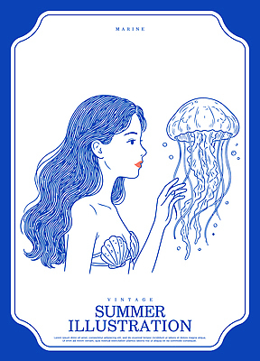 바다 일러스트 손가락 잉크 표정 풍경 소녀 옆모습 여름 파란색 드로잉 해파리 Water Scene Jellyfish 국내일러스트 AI파일 손 계절 여자 어린이 뷰포인트 컬러 미술 자포동물 파일형식 벡터