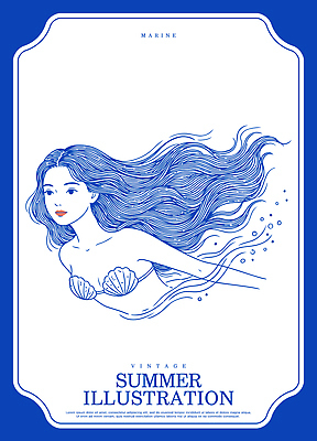 캐릭터 긴머리 디자인 여자 예술 바다 일러스트 조개 잉크 미소 해변 물 여름 파란색 수중 수영 빈티지 그림 신화 드로잉 인어 국내일러스트 AI파일 자연요소 헤어스타일 계절 컬러 컨셉 어패류 표정 미술 사람 수상스포츠 파일형식 벡터