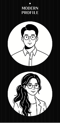 캐릭터 디자인 여자 남자 안경 포즈 일러스트 사람 캐주얼 검은색 흰색 표현 모던 그림 이미지 생김새 프로필 스타일 국내일러스트 AI파일 잡화 옷 컬러 파일형식 벡터