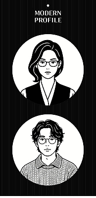 캐릭터 디자인 옷 여자 남자 안경 선 일러스트 사람 검은색 흰색 원형 모던 그림 특징 프로필 스타일 국내일러스트 AI파일 도형 잡화 컬러 파일형식 벡터