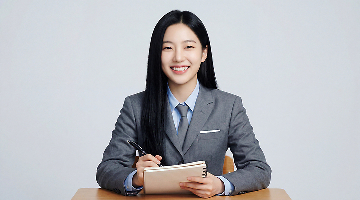 JPG 편집이미지 여자 교복 비즈니스 고등학생 미소 사람 정장 사무실 카메라 공책 기록 메모지 작업 집중 책상 의료성형뷰티 편집실사 AI인물포토 AI콘텐츠 학생 옷 가구 컨셉 청소년 문구용품 표정 전자제품 사무용품 CG 파일형식 AI포토