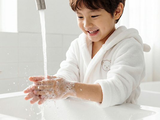 JPG 편집이미지 어린이 가족 놀이 건강 웃음 일상 물 목욕 청결 거품 목욕가운 위생 세척 세면대 비누 손씻기 의료성형뷰티 편집실사 AI인물포토 AI콘텐츠 자연요소 관계 표정 3 사람 라이프 위생용품 가운 씻기 CG 파일형식 AI포토