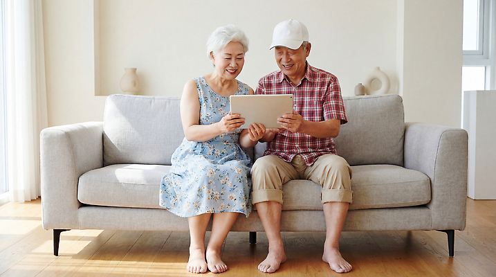 JPG 편집이미지 노년 행복 거실 가족 남편 손자 손녀 함께함 대화 전자제품 소파 태블릿 스크린 노부부 시간 즐거움 의료성형뷰티 편집실사 AI인물포토 AI콘텐츠 부부 여자 남자 감정 컨셉 의자 관계 말하기 성인 스마트기기 손주 CG 파일형식 AI포토