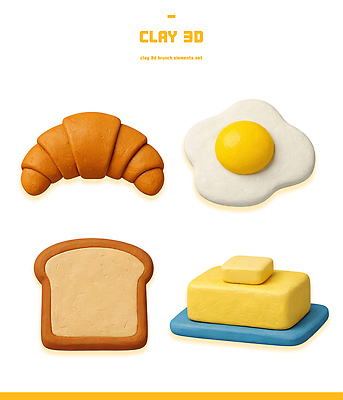 빵 3D 알 식사 파일형식 점토 브런치 크루아상 계란 식빵 버터 아침식사 요리 음식 조각 예술 장식 디자인 컬러 재료 PSD 편집이미지 편집3D