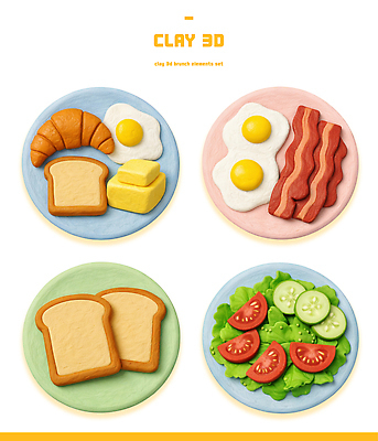 식기 음식 빵 생활용품 돼지고기 3D 알 식사 파일형식 점토 아침식사 크루아상 계란 베이컨 샐러드 접시 브런치 주방용품 디저트 재료 PSD 편집이미지 편집3D