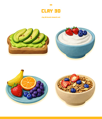 음식 빵 가구 과일 유제품 3D 식사 공예 점토 파일형식 브런치 아보카도 토스트 요거트 그래놀라 바나나 딸기 블루베리 포도 건강식 클레이아트 탁자 PSD 편집이미지 편집3D