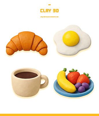 식기 음료 빵 과일 미술 3D 알 식사 계란요리 파일형식 점토 브런치 음식 모형 크루아상 계란 계란프라이 커피 컵 접시 바나나 딸기 포도 조형물 PSD 편집이미지 편집3D