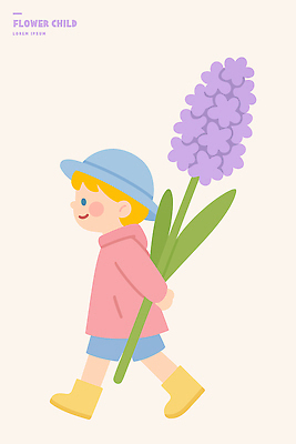 식물 손 컬러 컨셉 모션 사람 신체부위 생태계 냄새 파일형식 벡터 어린이 꽃 보라색 걷기 파란색 분홍색 옷 양손 땅 자연 출발 향기 일러스트 국내일러스트 AI파일