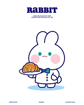 직업 캐릭터 식기 음식 빵 컬러 동물캐릭터 컨셉 포유류 신체부위 반려동물 토끼 파일형식 벡터 크루아상 요리사 귀여움 표정 스타일 흰색 상반신 주방 접시 손 디자인 일러캐릭터 일러스트 AI파일 토끼캐릭터