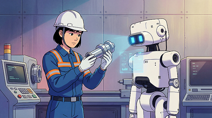 JPG 산업 과학 일러스트 공장 미래 협력 기술 실험 기계 엔지니어 발전 전문직 로봇 점검 기계화 산업용로봇 자동화 작업자 AI_인공지능 국내일러스트 AI일러스트 AI콘텐츠 직업 컨셉 공업 기술자 파일형식