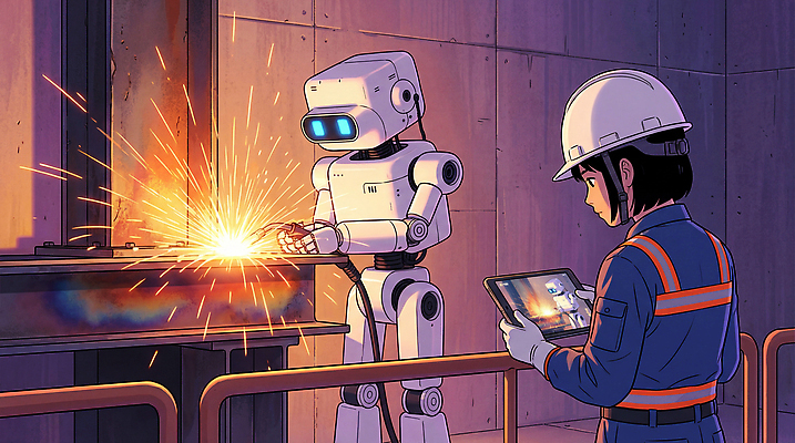 JPG 산업 일러스트 미래 기술 안전 빛 태블릿 금속 기계 관찰 작업 작업장 구조물 연결 헬멧 로봇 직원 산업용로봇 스파크 용접 자동화 AI_인공지능 국내일러스트 기계공학 AI일러스트 AI콘텐츠 건축 컨셉 모션 재질 전자제품 스마트기기 보호장비 공학 파일형식