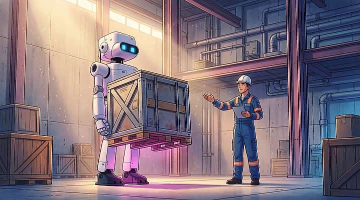 JPG 산업 이동 일러스트 협력 기술 사람 상자 기계 작업 지시 로봇 배송 창고 저장 물류 산업용로봇 자동화 작업자 AI_인공지능 국내일러스트 AI일러스트 AI콘텐츠 컨셉 모션 파일형식