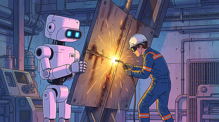 JPG 산업 일러스트 협력 기술 안전 사람 금속 기계 장비 작업 작업실 전기에너지 헬멧 로봇 클립 산업용로봇 스파크 용접 AI_인공지능 국내일러스트 AI일러스트 AI콘텐츠 재질 에너지 보호장비 파일형식