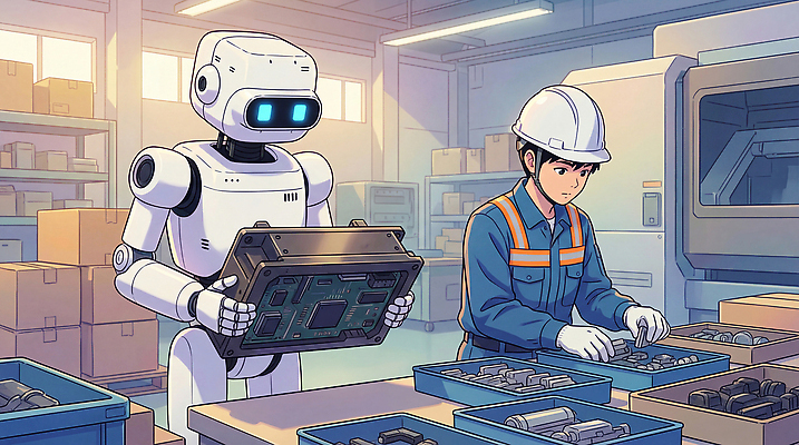 JPG 산업 일러스트 공장 기술 사람 전자제품 기계 장비 작업 부속품 로봇 동료 제조업 조립 산업용로봇 자동화 작업대 효율 AI_인공지능 국내일러스트 AI일러스트 AI콘텐츠 컨셉 공업 관계 오브젝트 파일형식