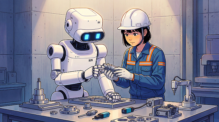 JPG 여자 산업 일러스트 협력 기술 기계 과학기술 도구 작업 작업장 기술자 엔지니어 부속품 스마트 로봇 조립 산업용로봇 AI_인공지능 국내일러스트 기계공학 AI일러스트 AI콘텐츠 직업 컨셉 사람 오브젝트 공학 파일형식