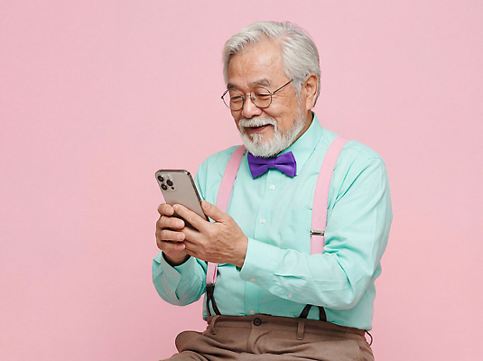 JPG 편집이미지 옷 할아버지 행복 감정 셔츠 모션 나비넥타이 표정 웃음 스마트폰 핸드폰 장면 의료성형뷰티 분홍색배경 부업 편집실사 AI인물포토 AI콘텐츠 노년 남자 분홍색 백그라운드 상의 넥타이 전자제품 스마트기기 CG 파일형식 AI포토