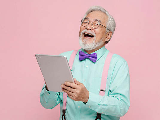 잡화 감정 컬러 넥타이 표정 사람 성인 내부 전자제품 스마트기기 CG 파일형식 AI포토 노년 태블릿 웃음 분홍색 나비넥타이 안경 행복 기술 장신구 실내 남자 커뮤니케이션 편집이미지 편집실사 JPG 의료성형뷰티 부업 AI콘텐츠 AI인물포토