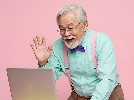 JPG 편집이미지 할아버지 백그라운드 셔츠 넥타이 웃음 손짓 컴퓨터 스크린 보라색 기쁨 인사 소통 긴팔티셔츠 밝은색 영상통화 의료성형뷰티 부업 편집실사 AI인물포토 AI콘텐츠 잡화 노년 남자 감정 컬러 컨셉 상의 티셔츠 모션 표정 전자제품 예절 CG 통화 파일형식 AI포토