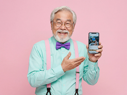 잡화 노년 남자 감정 컬러 상의 표정 핸드폰 스마트기기 CG 파일형식 AI포토 할아버지 스마트폰 분홍색 백그라운드 웃음 멜빵 셔츠 모바일 기계 기술 사람 포즈 행복 편집이미지 편집실사 JPG 의료성형뷰티 부업 AI콘텐츠 AI인물포토