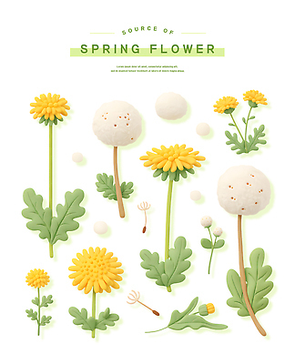 식물 계절 꽃 컬러 3D 봄 생태계 파일형식 민들레 씨앗 노란색 흰색 초록색 자연 잎 그림 예술 디자인 편집이미지 편집3D PSD 스티커 봄꽃