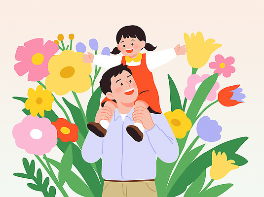 나무 꽃 딸 행복 어린이 컬러 일러스트 가족 자연 놀이 웃음 일상 부모 정원 기쁨 자녀 시간 아빠 즐거움 어깨 태움 봄소풍 국내일러스트 AI파일 식물 감정 관계 표정 사람 라이프 신체부위 소풍 봄 생태계 파일형식 벡터