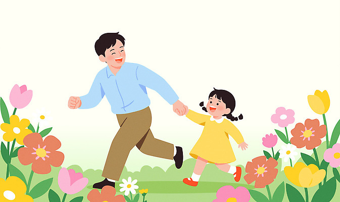 꽃 딸 행복 꽃밭 일러스트 가족 모션 자연 놀이 웃음 야외 달리기 손잡기 봄 기쁨 만남 아빠 즐거움 외출 놀기 봄소풍 국내일러스트 AI파일 식물 계절 감정 컨셉 관계 표정 소풍 생태계 파일형식 벡터