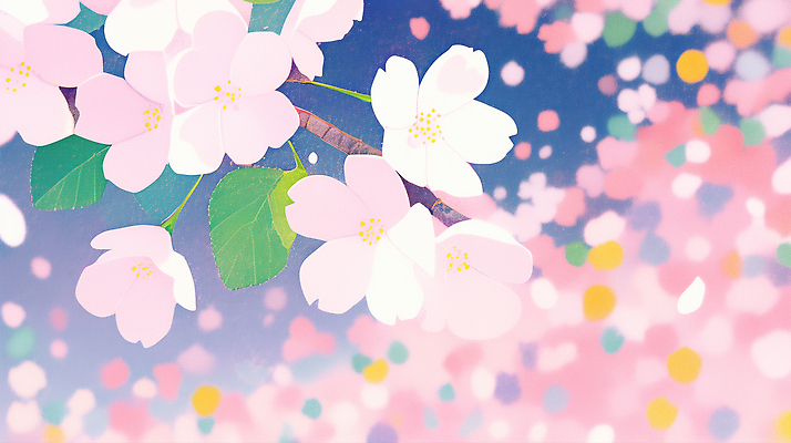 JPG 계절 꽃잎 꽃 컬러 백그라운드 잎 일러스트 자연 하늘 풍경 일본 봄 벚꽃 나뭇가지 장면 꽃동산 뷰티풀 국내일러스트 AI일러스트 AI콘텐츠 나무 식물 아시아 생태계 파일형식