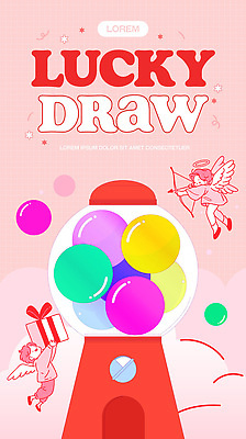 템플릿 감정 컬러 다수 사람 이벤트 뽑기 파일형식 벡터 럭키드로우 기계 공 천사 선물 분홍색 백그라운드 즐거움 놀이 경품 도전 여러명 이미지템플릿 AI파일