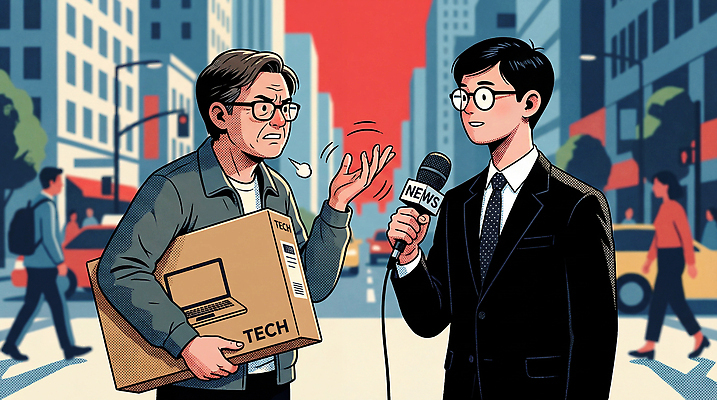 직업 다수 컨셉 말하기 사람 라이프 경제 전자제품 파일형식 AI콘텐츠 뉴스 인터뷰 남자 기자 도시 거리 노트북 상자 여러명 이야기 비즈니스 기술 대화 일상 조명 패션 이동 모션 일러스트 국내일러스트 JPG 인플레이션 AI일러스트