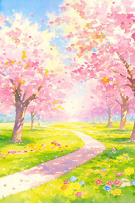 JPG 나무 공원 꽃 길 일러스트 자연 하늘 풍경 여러명 야외 햇빛 소풍 봄 산책 벚꽃 그림 꽃길 뷰티풀 국내일러스트 AI일러스트 AI콘텐츠 식물 계절 공공시설 다수 휴식 사람 태양 야외활동 생태계 파일형식