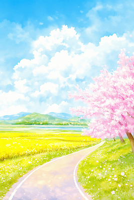 JPG 나무 꽃 길 꽃밭 농업 일러스트 자연 하늘 산 풍경 파란색 농장 노란색 평화 노을 봄 산책 들꽃 벚꽃 뷰티풀 국내일러스트 AI일러스트 AI콘텐츠 자연요소 식물 계절 산업 컬러 컨셉 휴식 생태계 파일형식